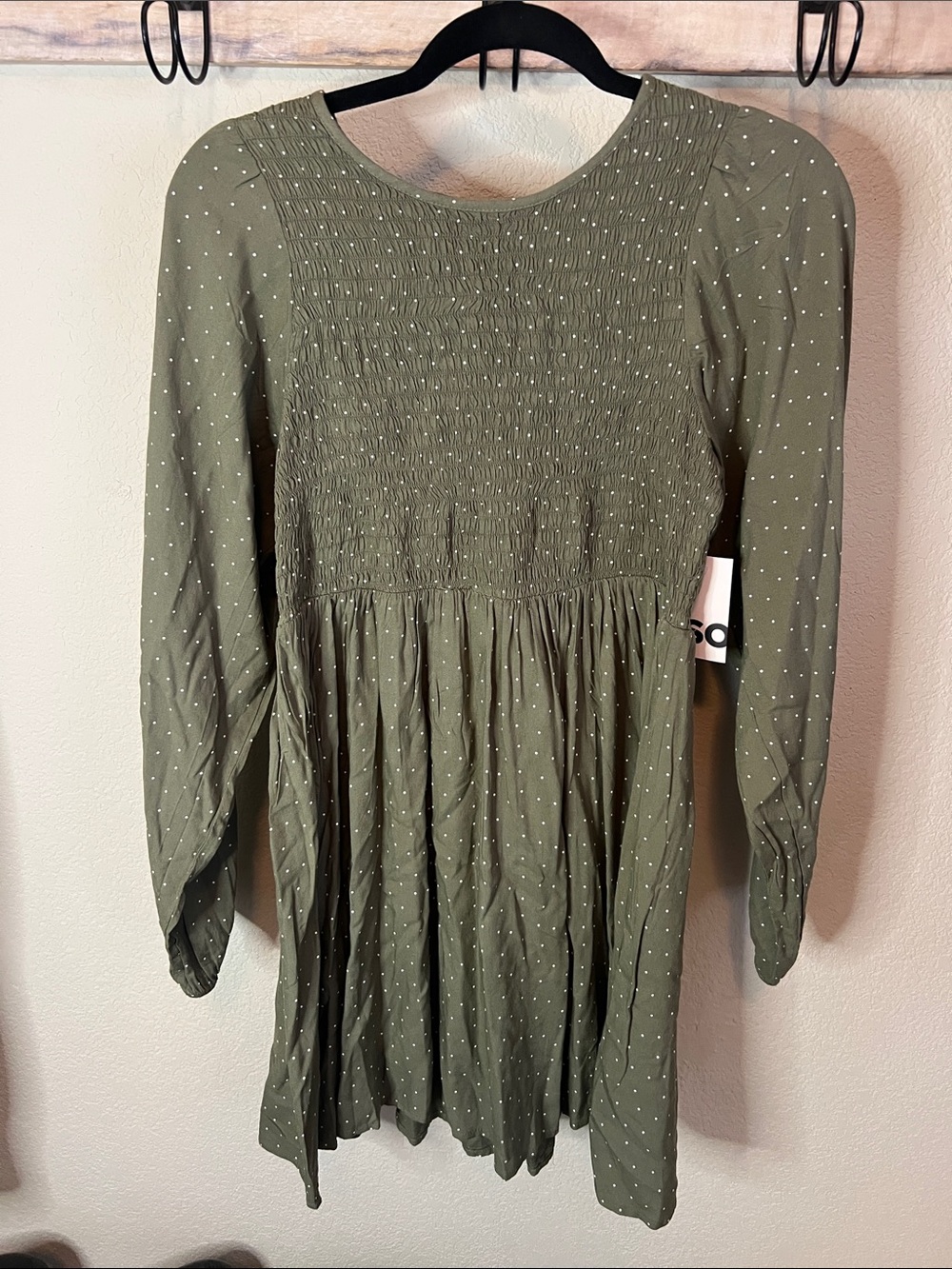 SO Olive Green Smocked Dress with White Dot Print